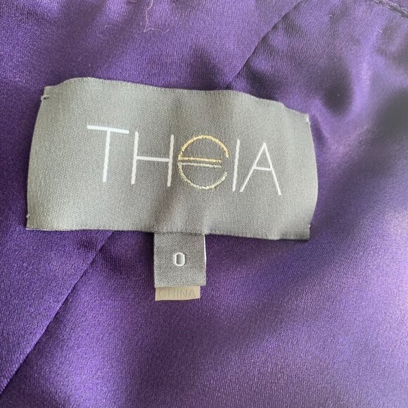 Theia One Shoulder Purple 100% Silk Ruched Rosette 3D Appliqué Cocktail Dress - Picture 9 of 16